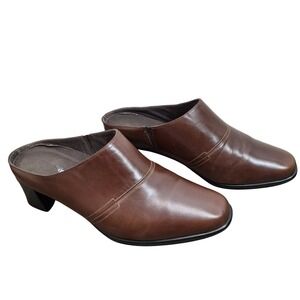 Munro American Brown Leather Mules Square Toe Block Heel Women's 8 Wide Comfort